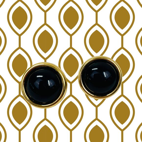 Vintage 80s Earrings Black Gold Chunky 80s VTG Original Clip On Earrings Vintage - Picture 1 of 7
